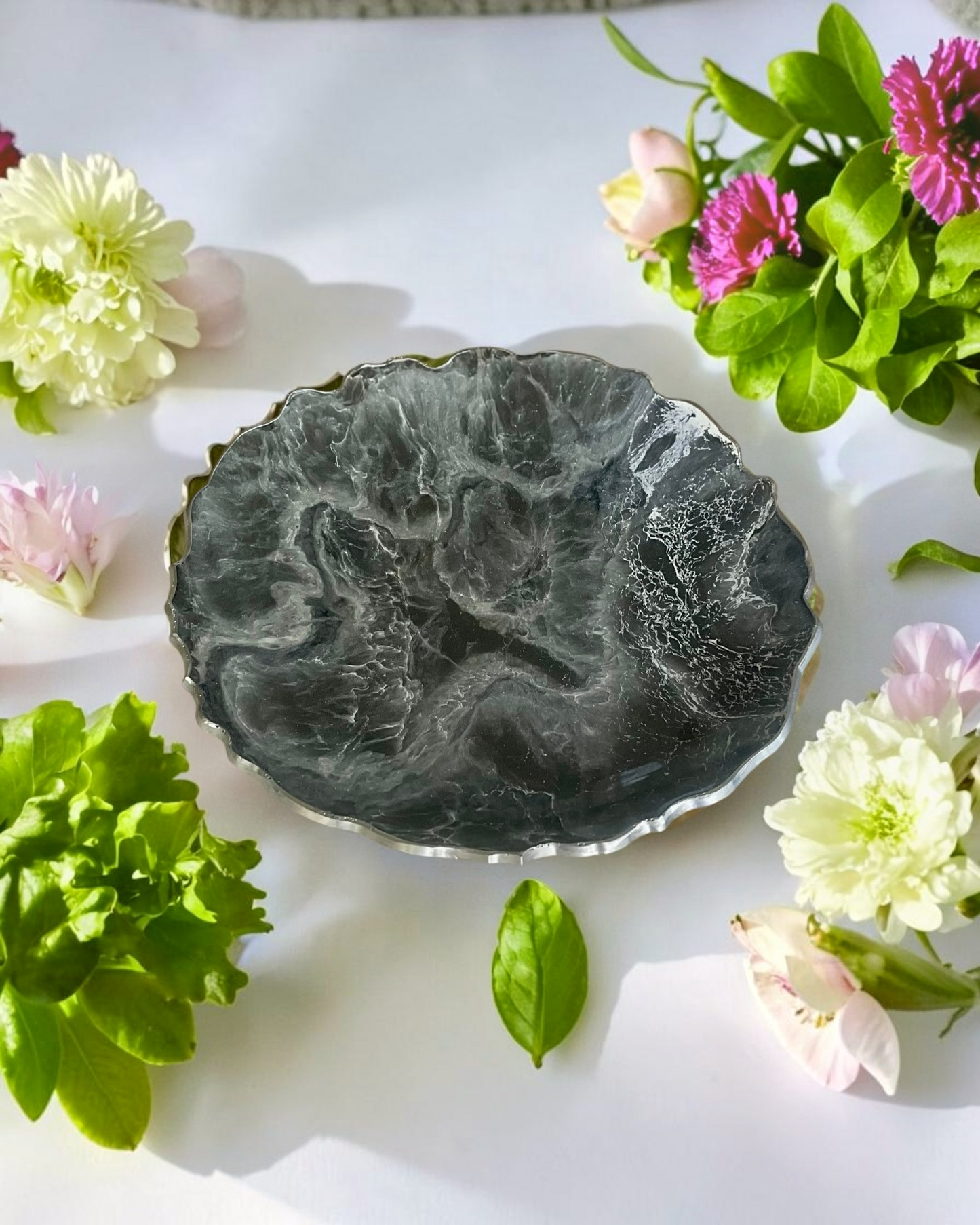 Silver and Grey Platter 12" geode design epoxy resin