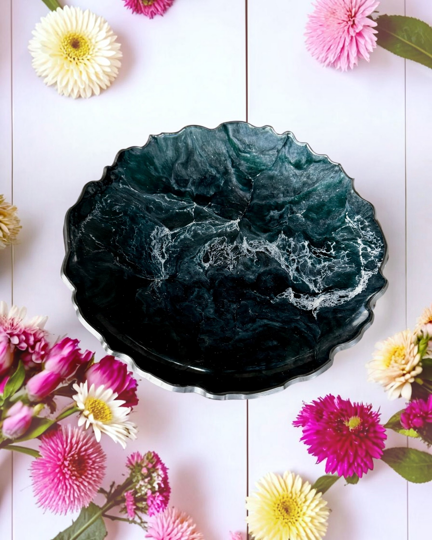 Teal and Silver Platter 12" geode design epoxy resin
