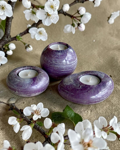 Purple set of 3 candle tealight holders with geode design epoxy resin