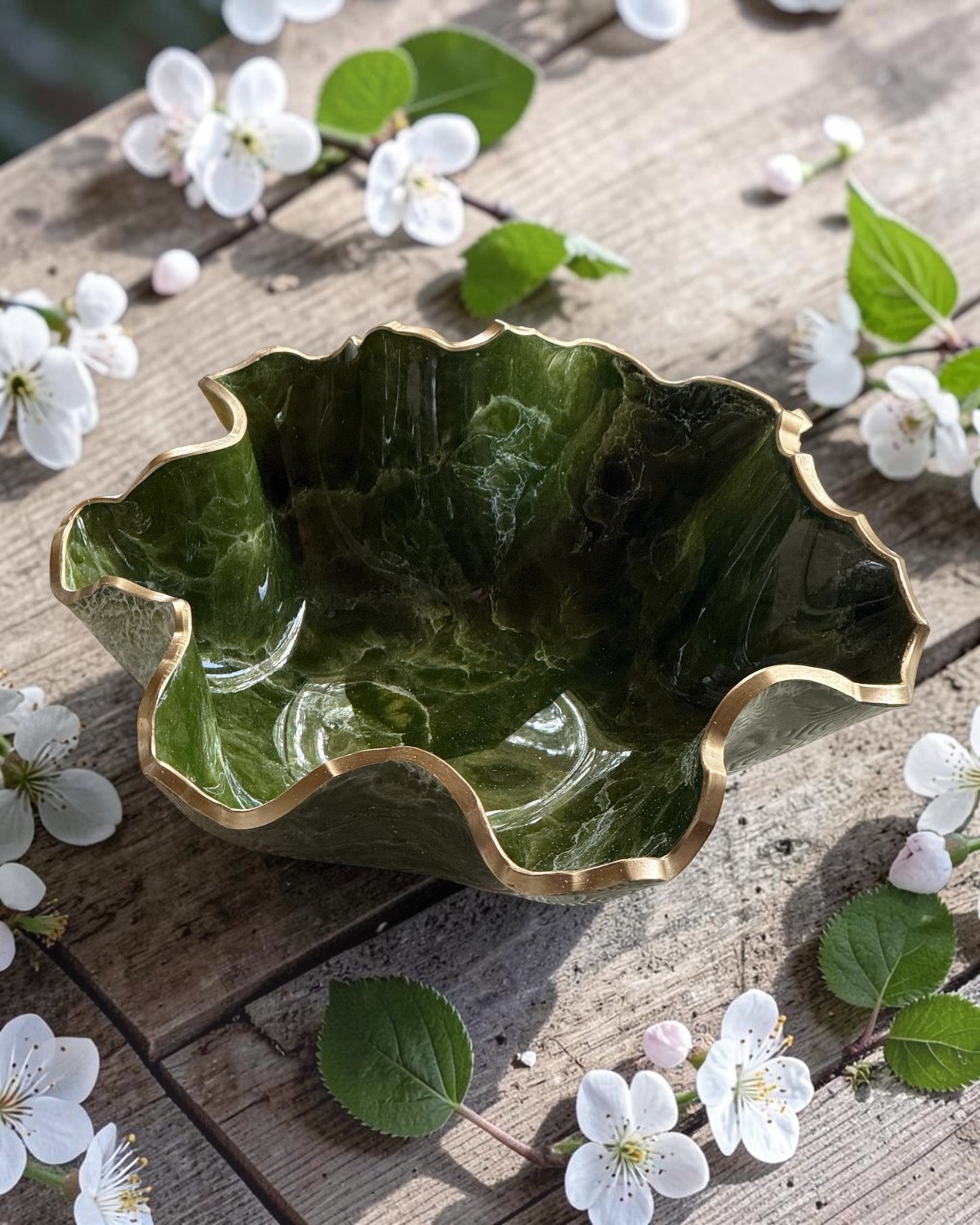 Medium Olive green bowl, 11x3" geode design epoxy resin