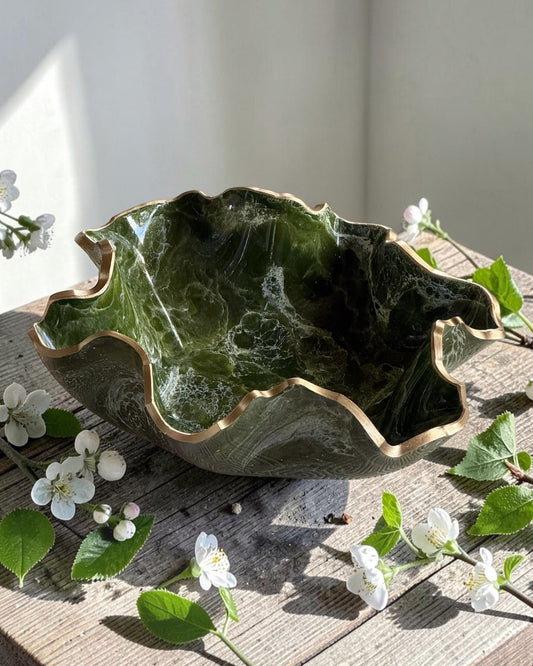 Medium Olive green bowl, 11x3" geode design epoxy resin