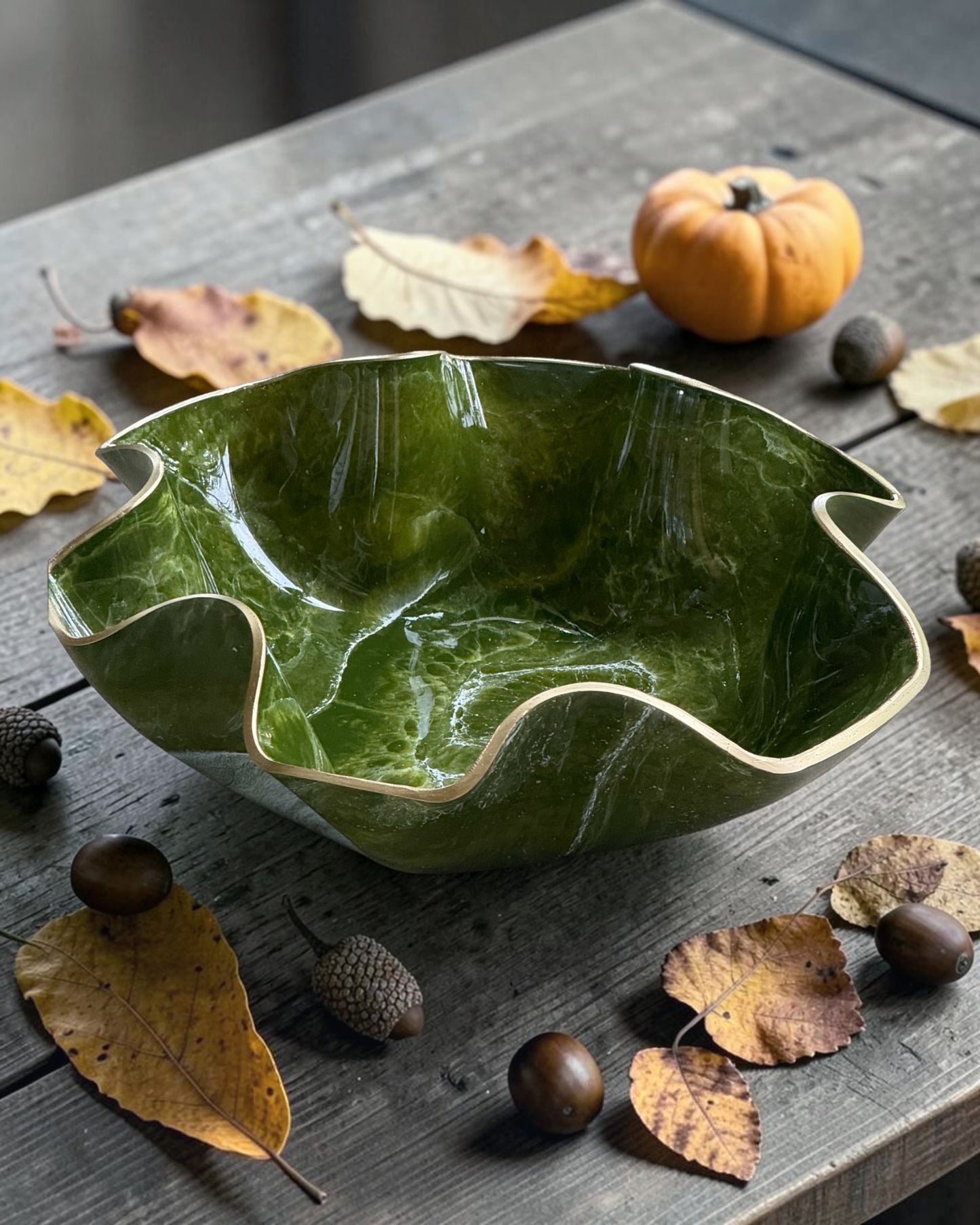 Large Olive Green bowl, 18x3" geode design epoxy resin