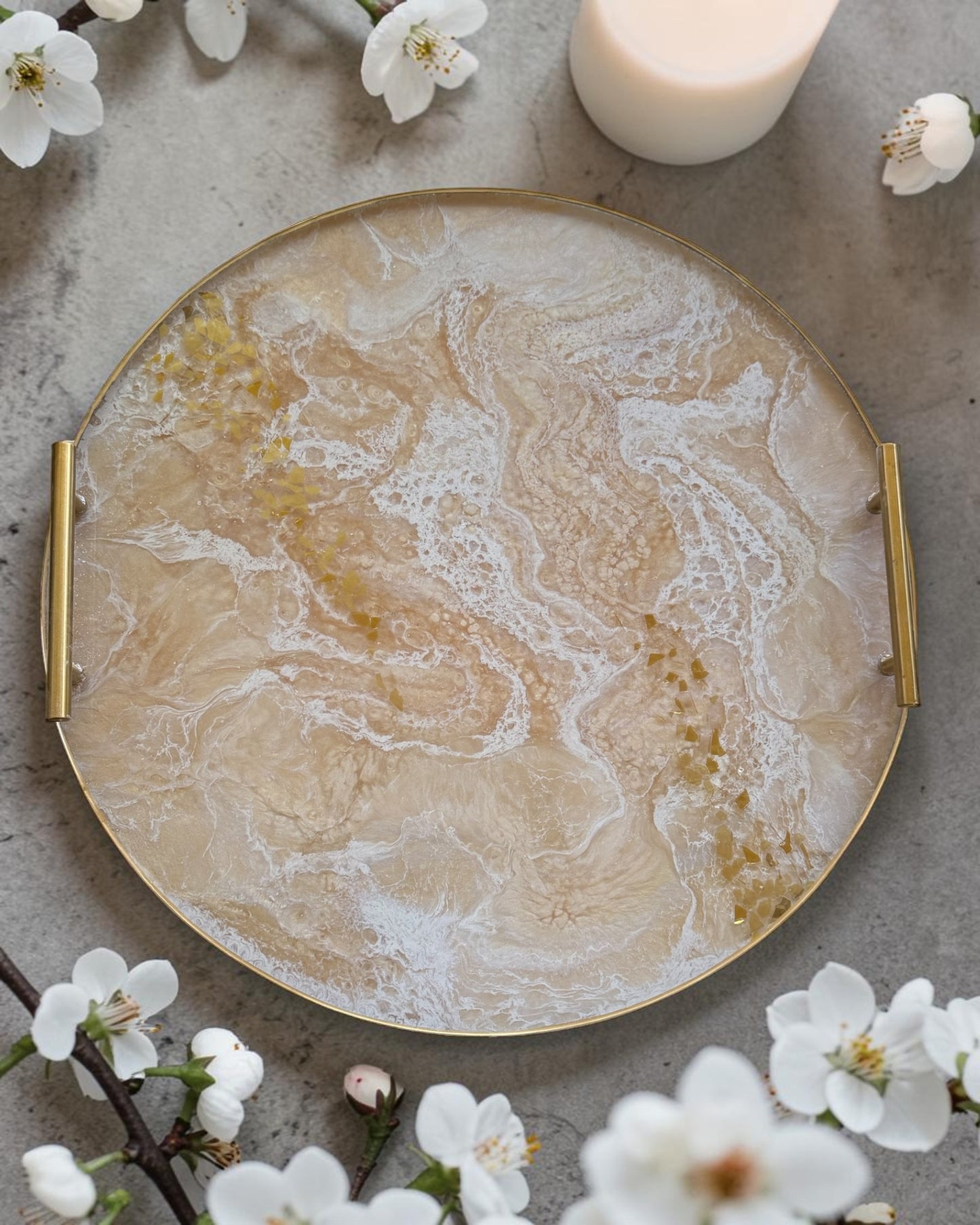 Cream Ottoman tray handmade epoxy resin geode design