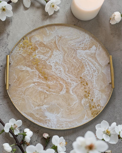 Cream Ottoman tray handmade epoxy resin geode design