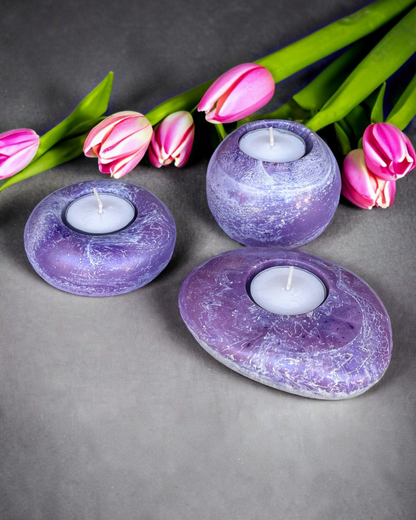 Blue set of 3 candle tealight holders with geode design epoxy resin