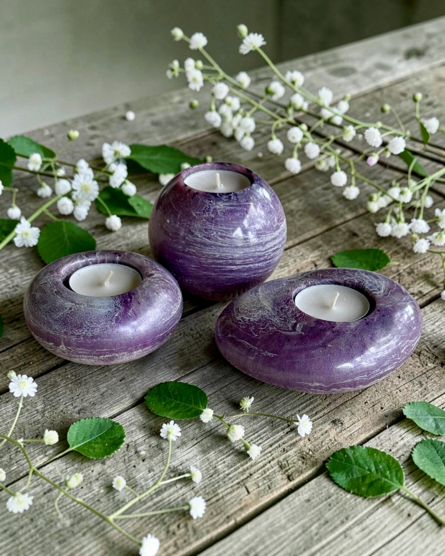 Blue set of 3 candle tealight holders with geode design epoxy resin