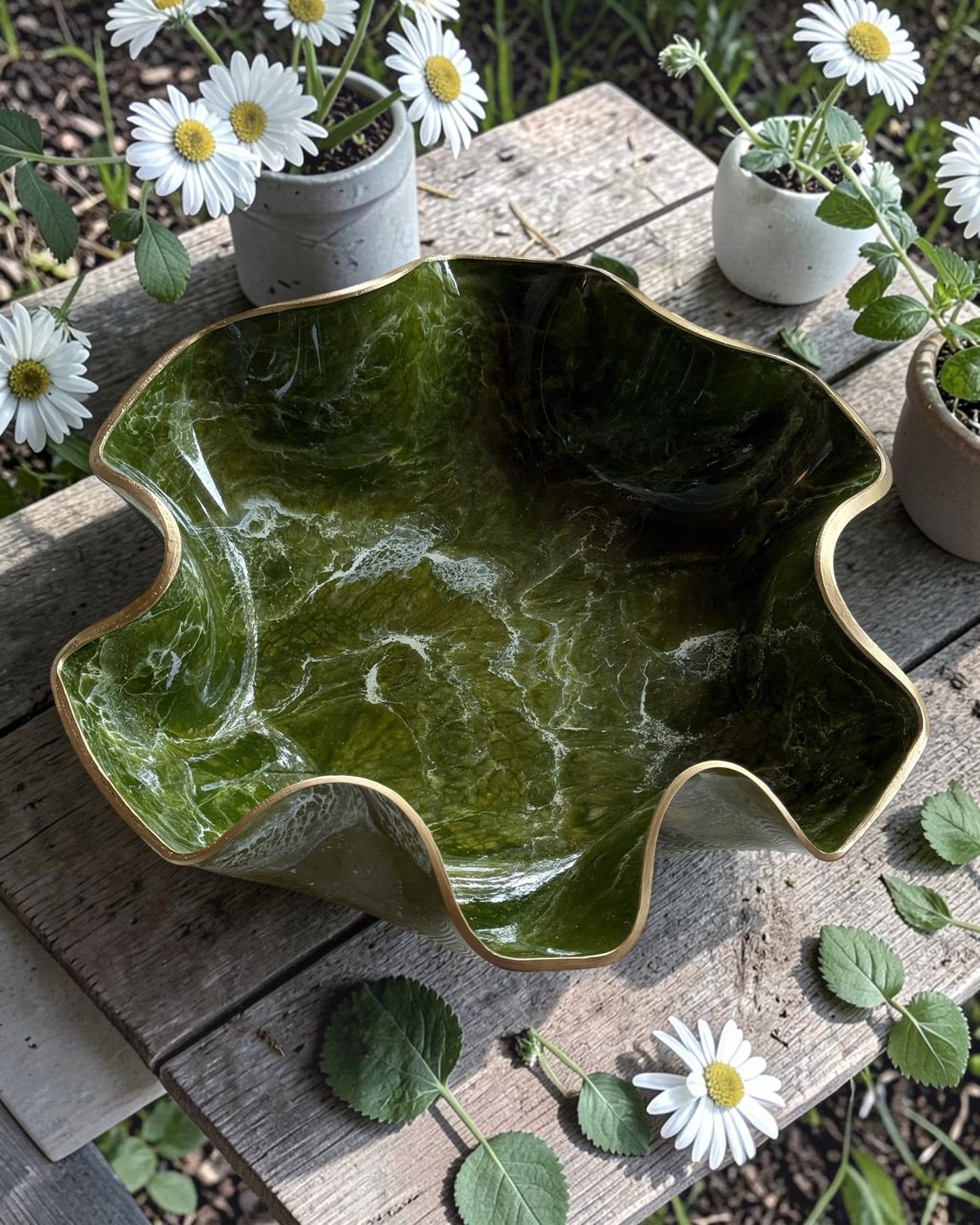 Large Olive Green bowl, 18x3" geode design epoxy resin