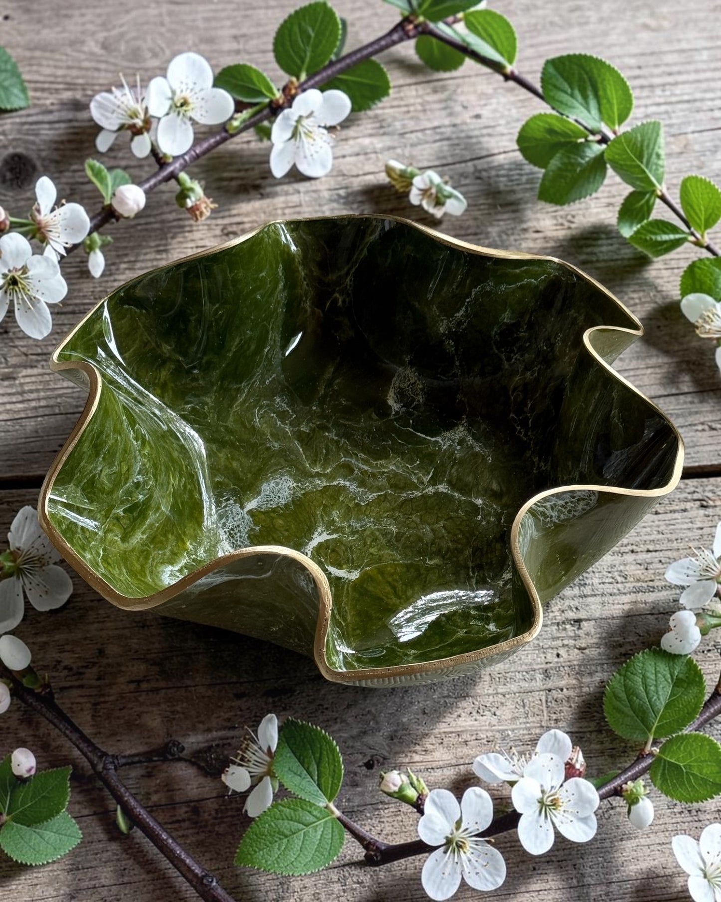 Large Olive Green bowl, 18x3" geode design epoxy resin