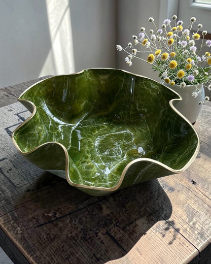 Large Olive Green bowl, 18x3" geode design epoxy resin
