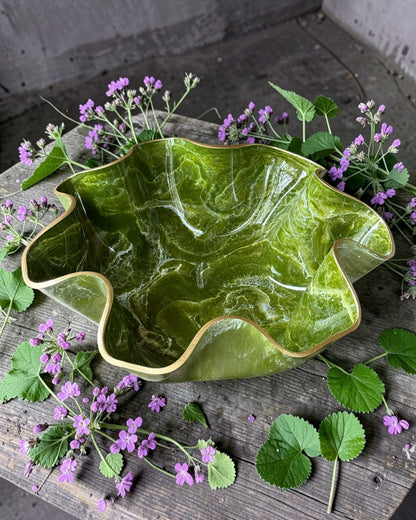 Large Olive Green bowl, 18x3" geode design epoxy resin