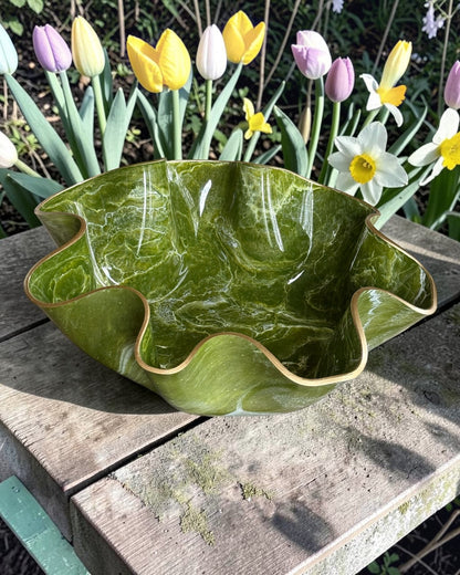 Large Olive Green bowl, 18x3" geode design epoxy resin