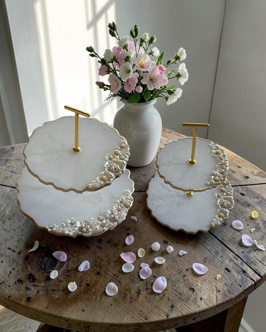 2 Tiers jewelry stand white, faux marble epoxy resin design