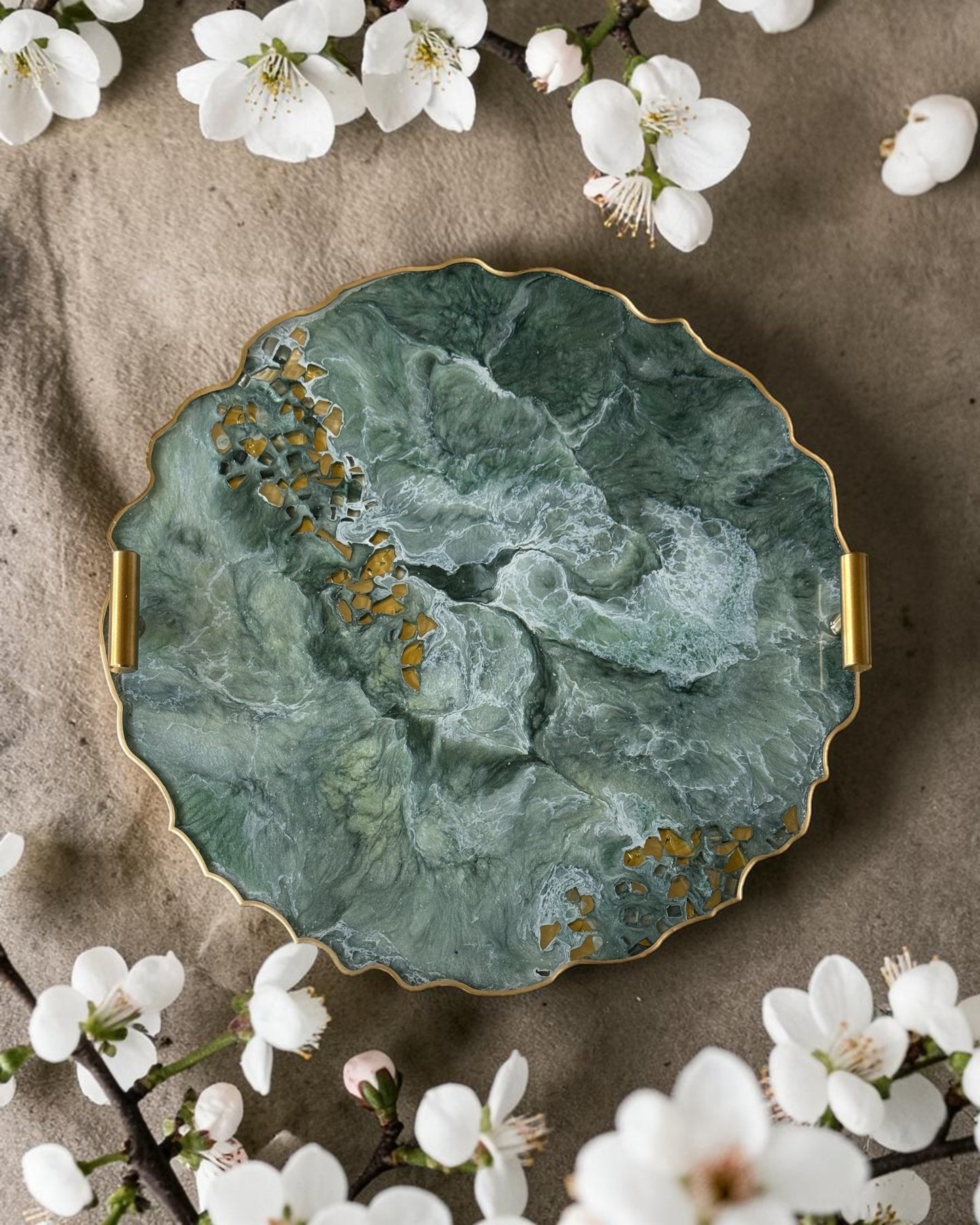 Green tray handmade epoxy resin geode design