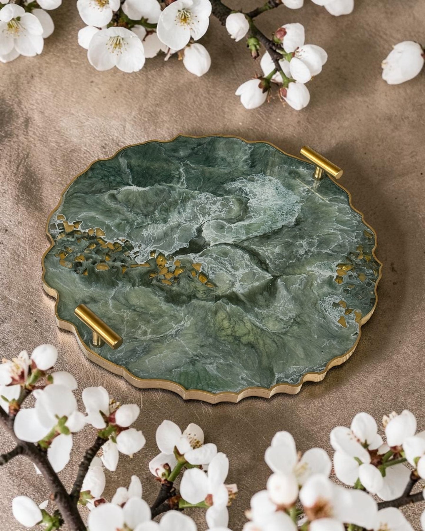 Green tray handmade epoxy resin geode design