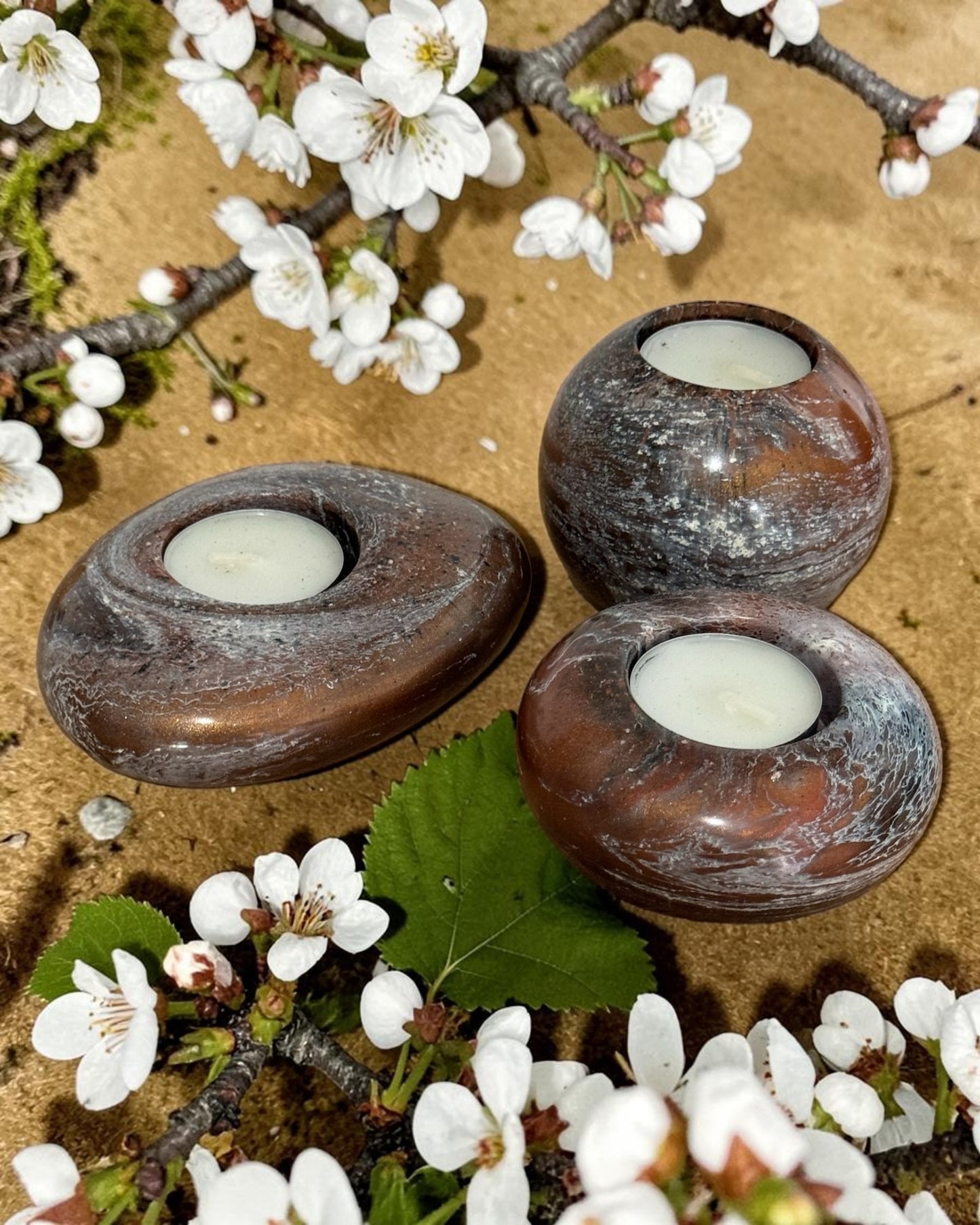 Black, Bronze and Copper set of 3 candle tealight holders with geode design epoxy resin