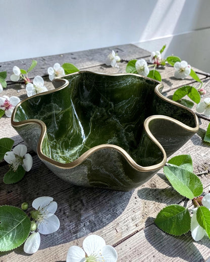 Small Olive green bowl, 8x3" geode design epoxy resin