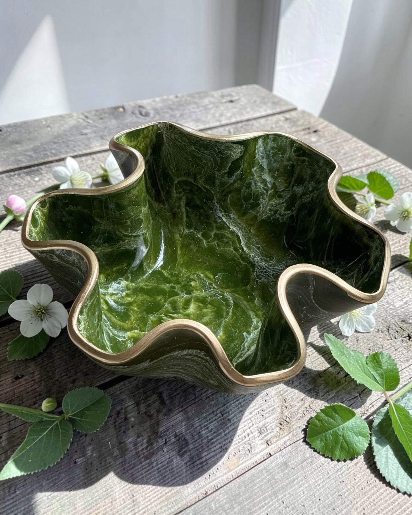 Small Olive green bowl, 8x3" geode design epoxy resin