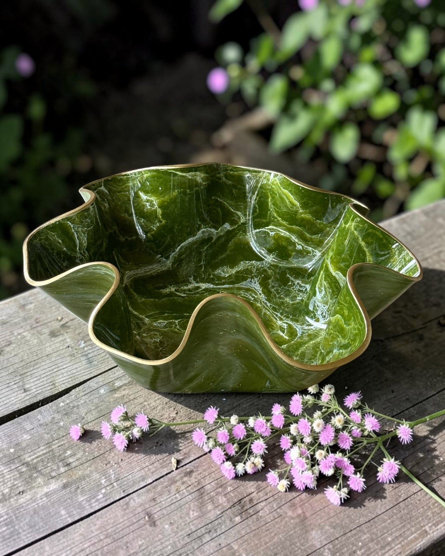 Small Olive green bowl, 8x3" geode design epoxy resin