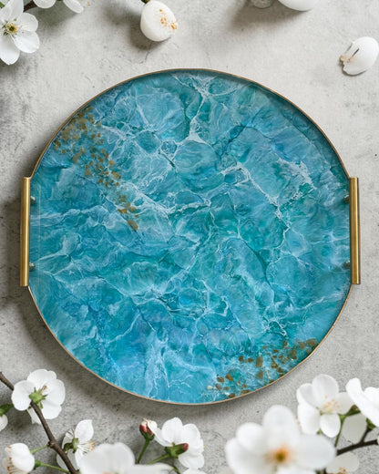 Ocean colors Ottoman tray handmade epoxy resin geode design