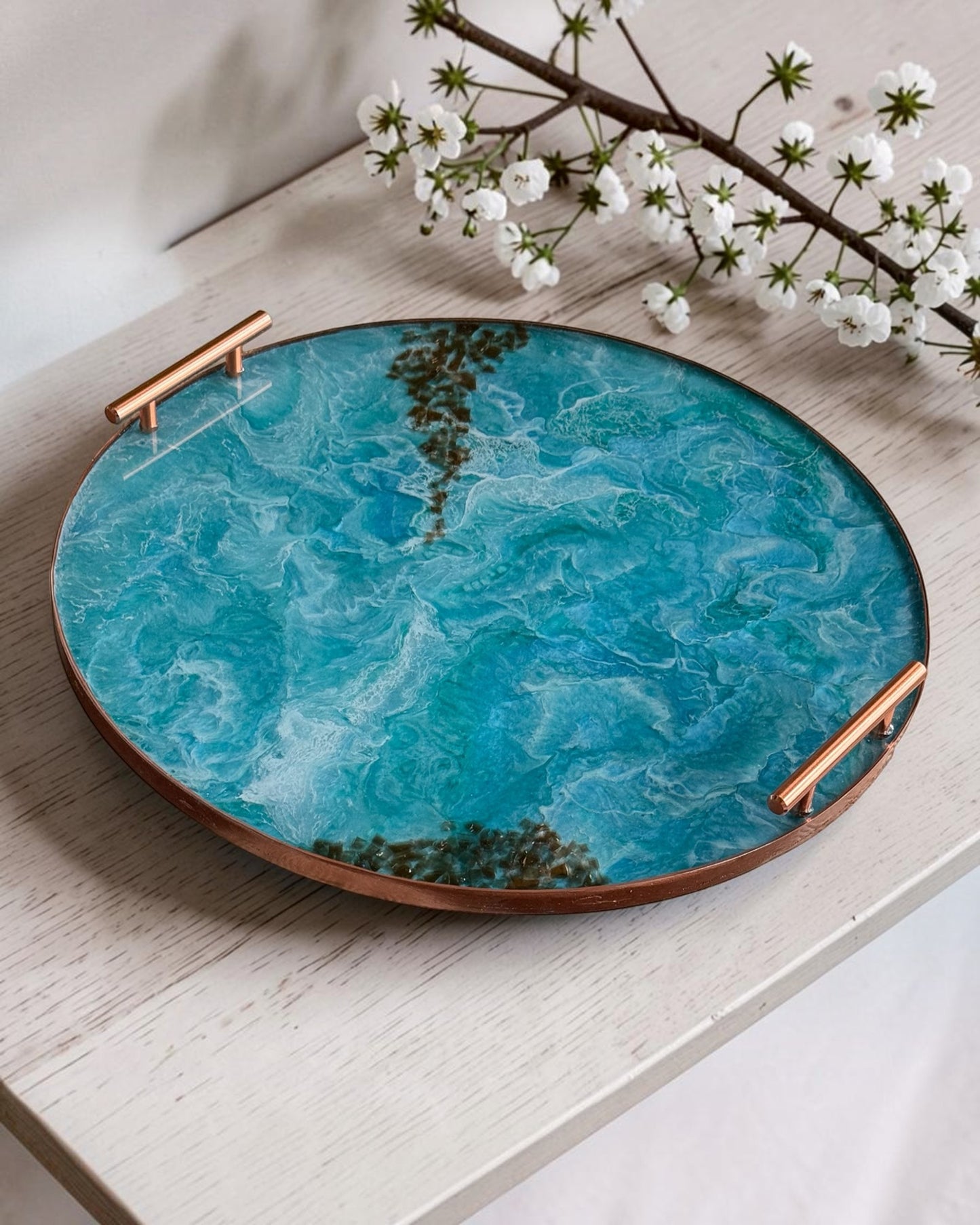 Ocean colors Ottoman tray handmade epoxy resin geode design