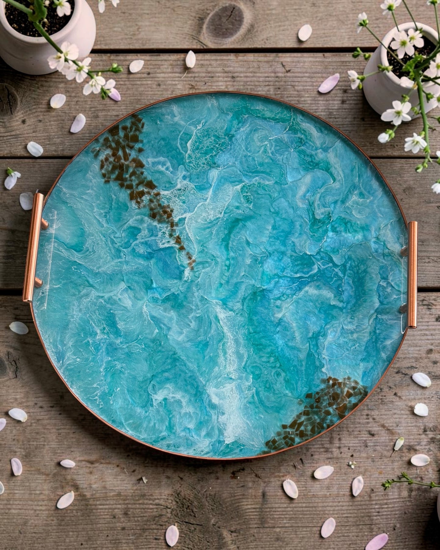 Ocean colors Ottoman tray handmade epoxy resin geode design