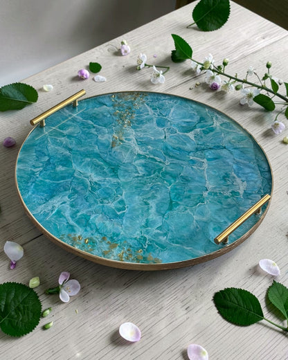 Ocean colors Ottoman tray handmade epoxy resin geode design