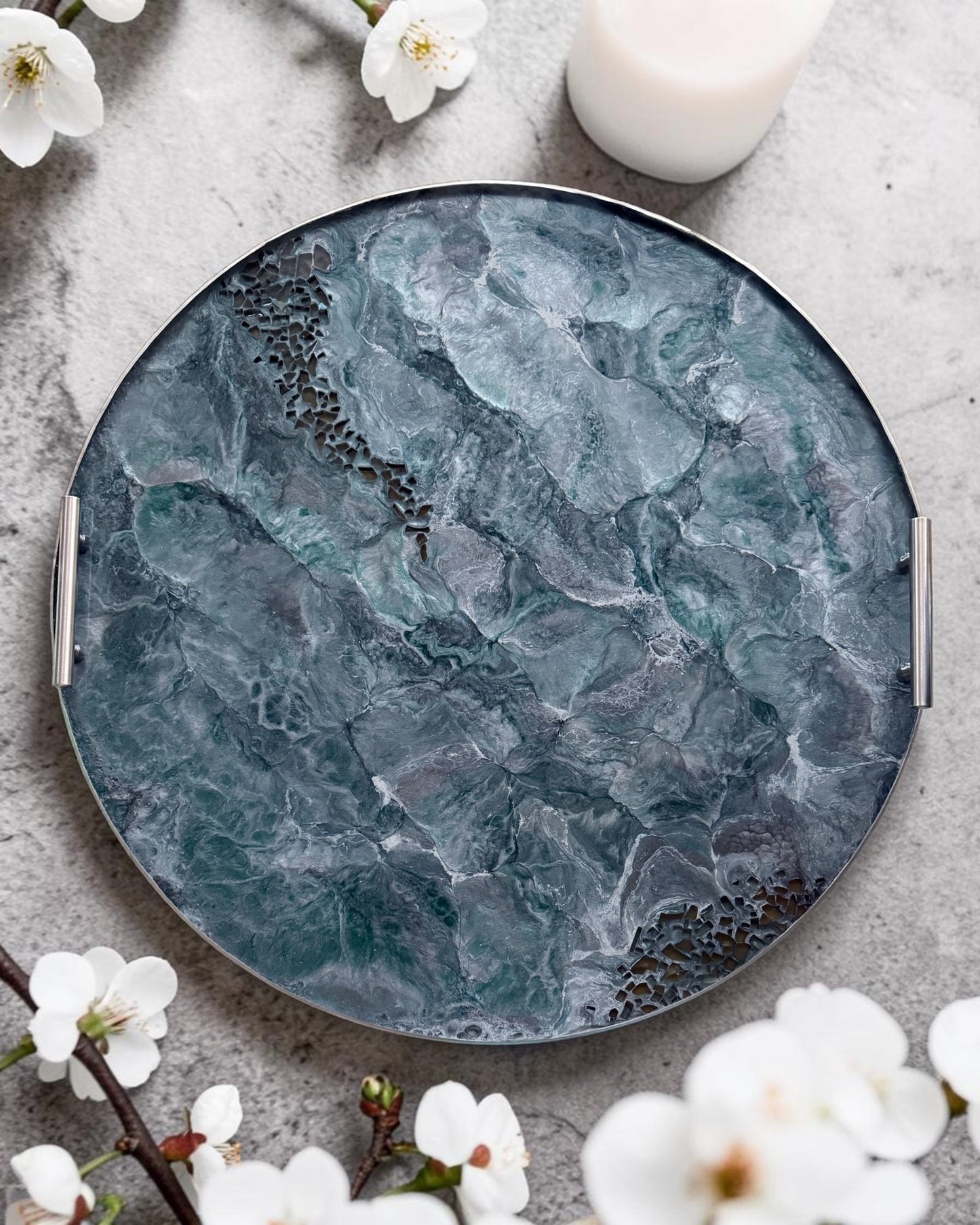 Teal and Silver Ottoman tray handmade epoxy resin geode design