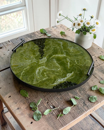 Olive Green Ottoman tray handmade epoxy resin geode design