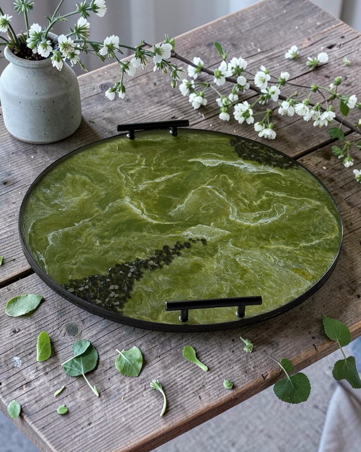 Olive Green Ottoman tray handmade epoxy resin geode design