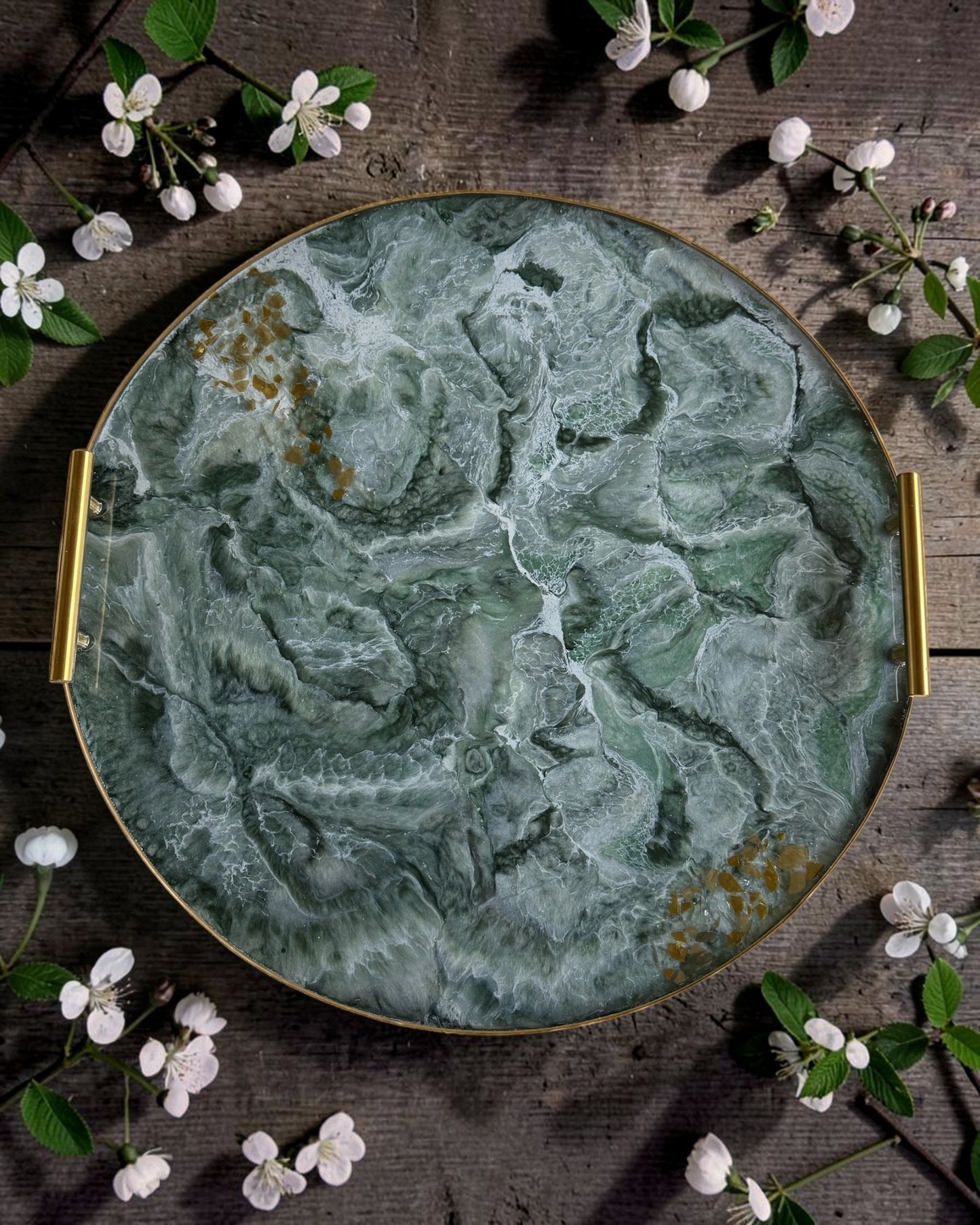 Green Ottoman tray handmade epoxy resin geode design