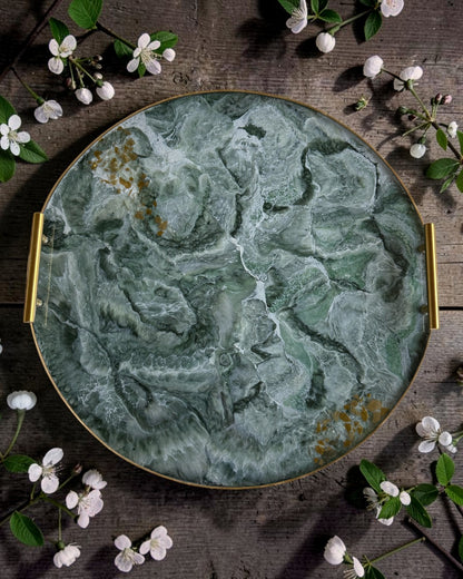 Green Ottoman tray handmade epoxy resin geode design