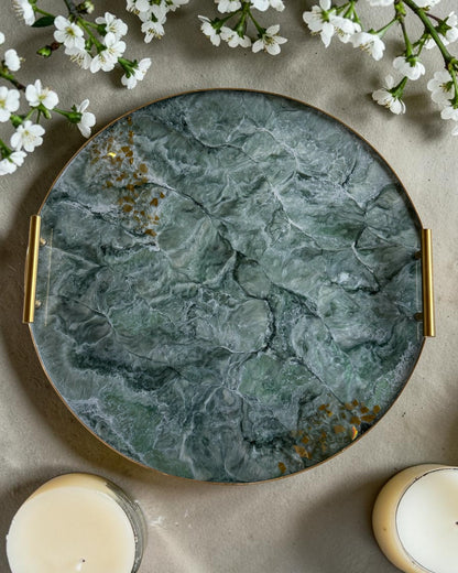 Green Ottoman tray handmade epoxy resin geode design