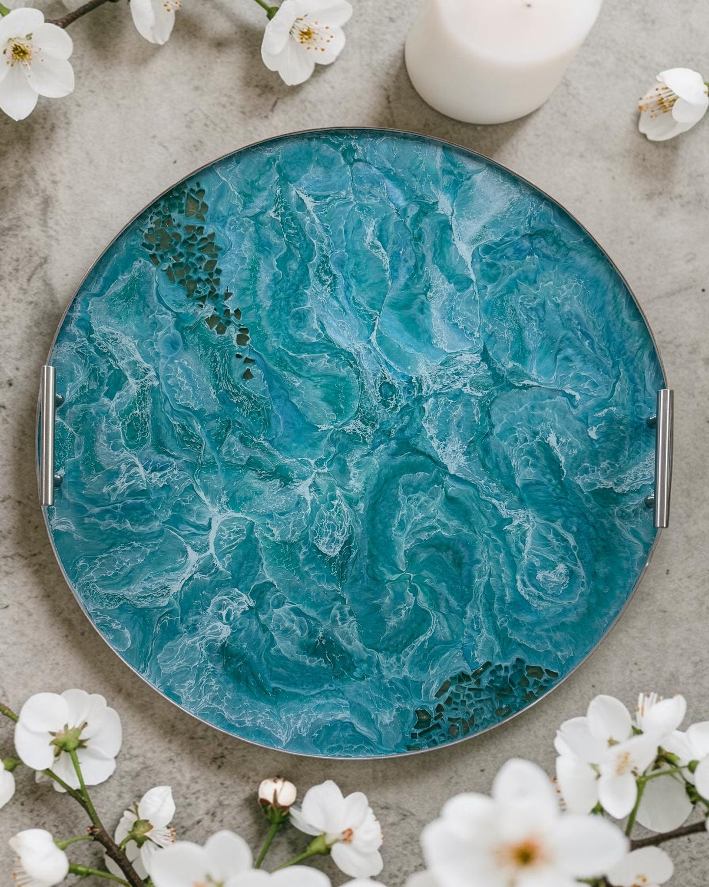 Ocean colors Ottoman tray handmade epoxy resin geode design
