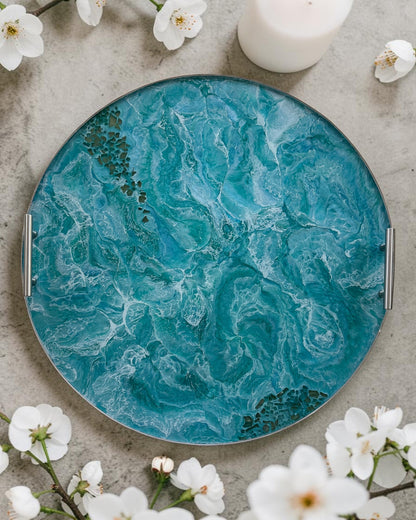 Ocean colors Ottoman tray handmade epoxy resin geode design
