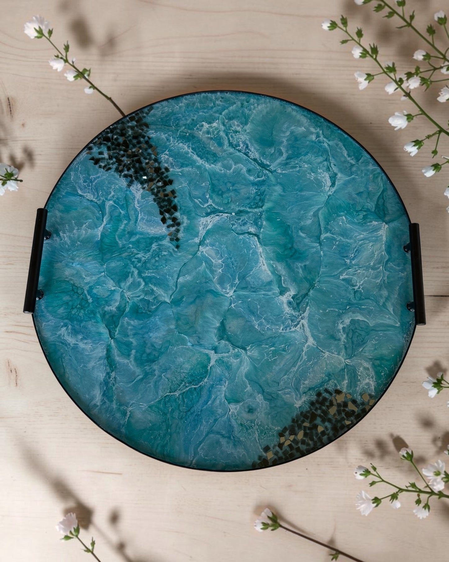 Ocean colors Ottoman tray handmade epoxy resin geode design
