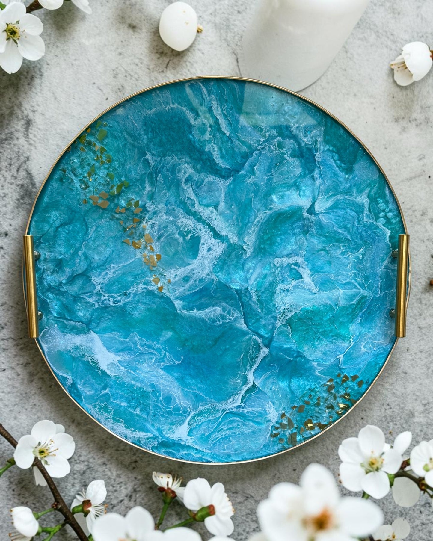 Ocean colors Ottoman tray handmade epoxy resin geode design