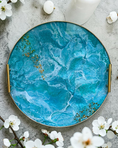Ocean colors Ottoman tray handmade epoxy resin geode design