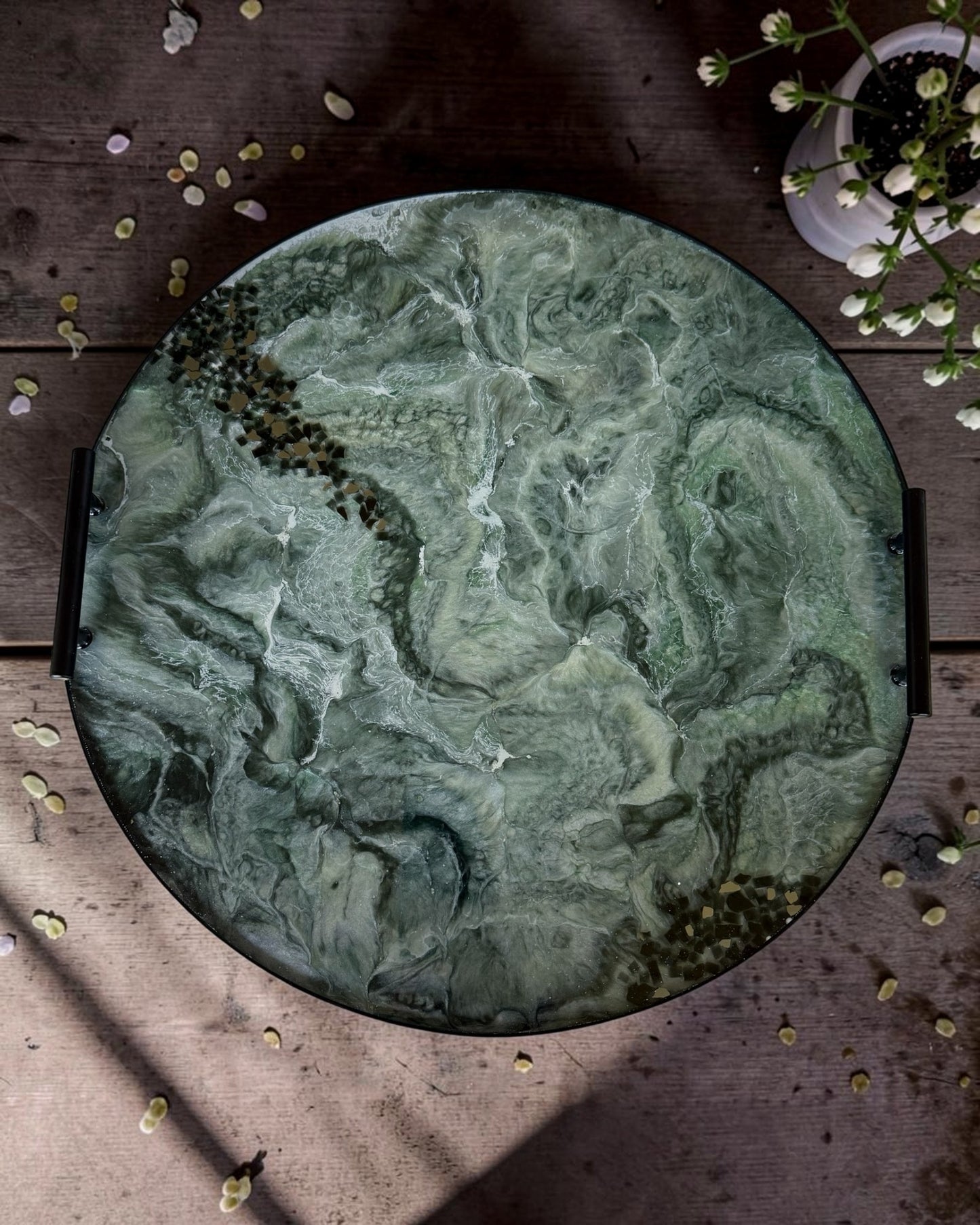 Green Ottoman tray handmade epoxy resin geode design