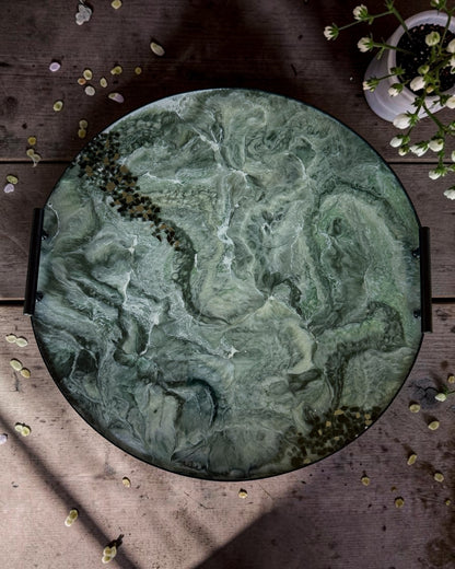 Green Ottoman tray handmade epoxy resin geode design
