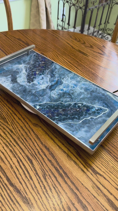 Blue large Charcuterie tray 18x9" handmade epoxy resin geode design