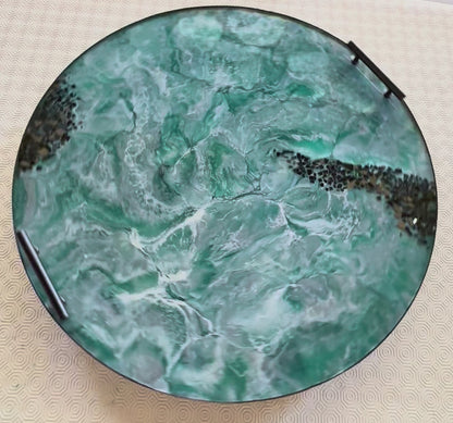 Teal and Silver Ottoman tray handmade epoxy resin geode design